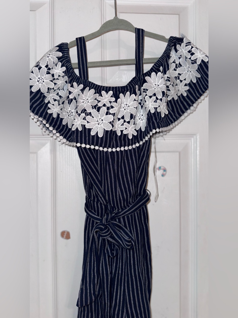 Striped Navy Off-Shoulder Dress with White Floral Lace